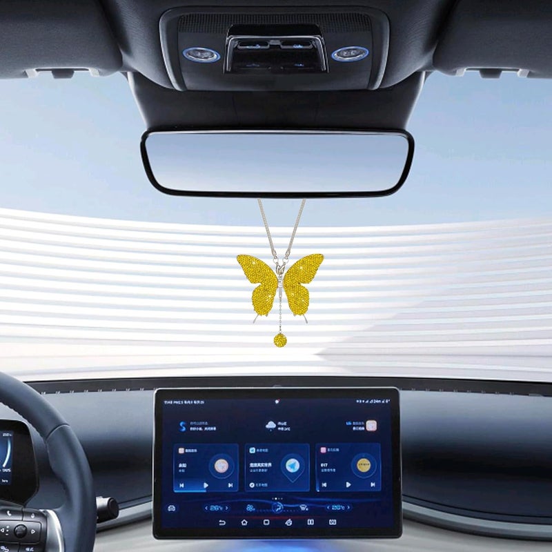 Couslcd Bling Butterfly Diamond Car Accessories, Crystal Car Rear View Mirror Charms for Women, Auto Decoration Lucky Hanging Interior Crystal Ornament Pendant Decor for All Cars (Yellow) - Image 4